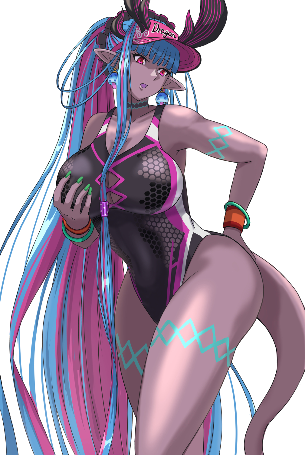 1girl bare_shoulders black_one-piece_swimsuit blue_hair body_markings breast_cutout breasts colored_skin dark-skinned_female dark_skin fate/grand_order fate_(series) grey_skin hat highleg highleg_one-piece_swimsuit highres hip_dips horns ibuki_douji_(fate) ibuki_douji_(swimsuit_berserker)_(fate) ibuki_douji_(swimsuit_berserker)_(first_ascension)_(fate) ksfactory long_hair multicolored_hair multiple_horns one-piece_swimsuit oni pink_hair pink_hat pink_one-piece_swimsuit pointy_ears ponytail red_eyes sidelocks swimsuit tail two-tone_swimsuit visor_cap