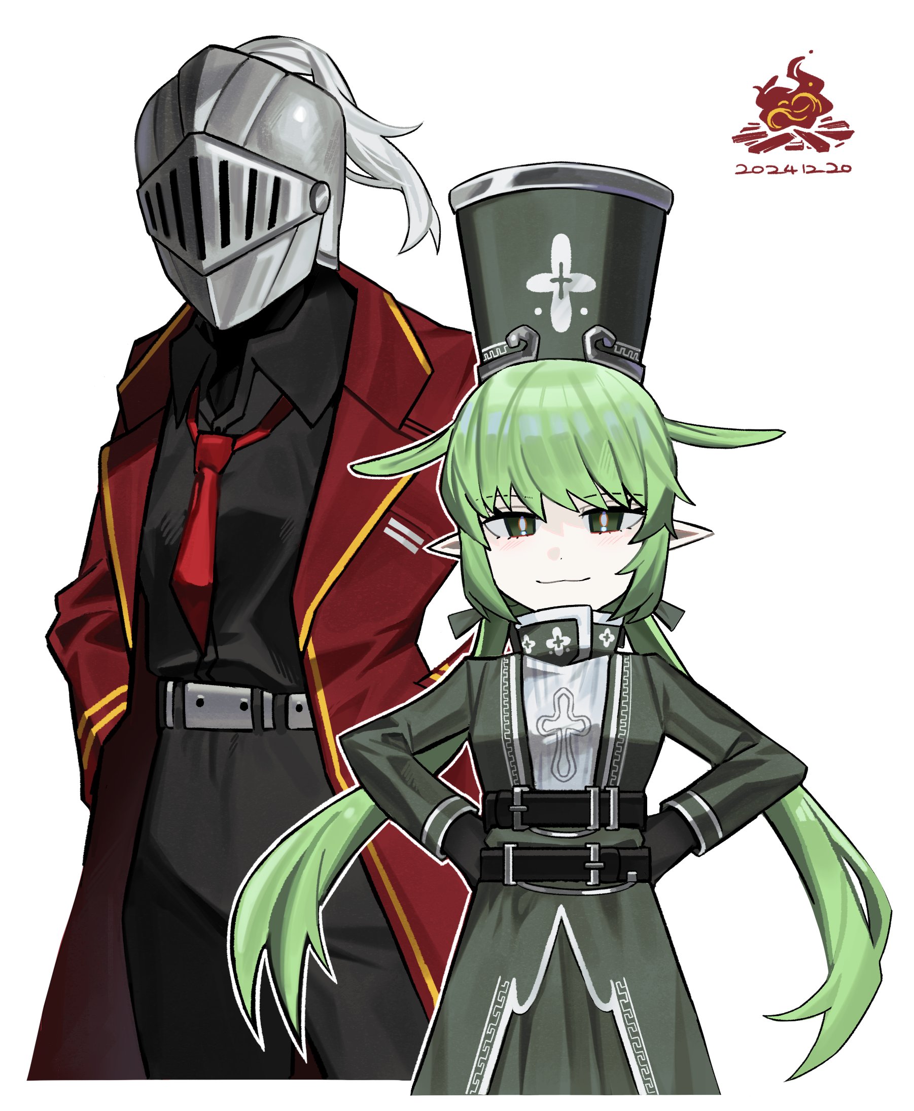 1boy 1girl antenna_hair asdf1211950 black_shirt black_souls breasts charon_(project_moon) charon_(project_moon)_(cosplay) closed_mouth collared_shirt cosplay dante_(limbus_company) dante_(limbus_company)_(cosplay) dress green_eyes green_hair grey_dress grey_hat grimm_(black_souls) hands_on_own_hips hat highres leaf_(black_souls) limbus_company low_twintails medium_breasts pointy_ears project_moon shako_cap shirt simple_background smile twintails white_background