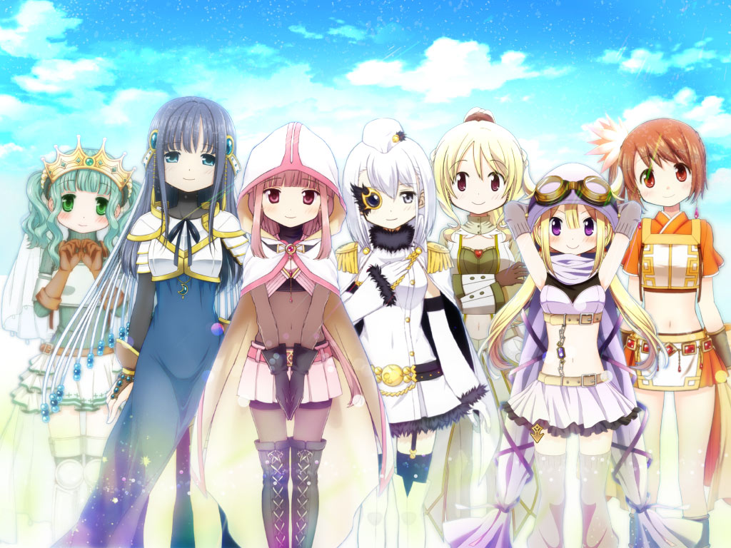 6+girls armlet armor armored_boots arms_behind_head artist_request bare_legs bare_shoulders belt belt_buckle black_belt black_footwear black_gemstone black_gloves black_ribbon black_scarf black_shirt black_shorts black_thighhighs blue_dress blue_eyes blue_gemstone blue_hair blue_sky blunt_bangs blunt_ends bodysuit boots bow bracer breastplate brown-framed_eyewear brown_belt brown_bridal_gauntlets brown_eyes brown_gloves brown_hair brown_scrunchie buckle buttons cape chain chest_belt cloak closed_mouth clothing_cutout cloud collar covered_navel cow_horns crescent crescent_necklace crop_top cropped_shirt cross-laced_footwear crossed_arms crown day detached_collar detached_hood detached_sleeves dot_nose dress epaulettes fake_horns feet_out_of_frame flower frilled_skirt frills fur-trimmed_dress fur-trimmed_sleeves fur_scarf fur_trim futaba_sana game_cg gem gloves goggles goggles_on_head gold_crown green_eyes green_hair green_shirt green_sweater grey_arm_warmers grey_collar grey_eyes grey_footwear grey_leg_warmers hair_between_eyes hair_flower hair_ornament hair_scrunchie hair_through_headwear hand_on_own_chest hands_on_lap happy hat heart heart_hands high_collar high_ponytail hood hood_up hooded_cloak horns izumi_kanagi jewelry knee_pads knees leg_warmers light_blush light_particles long_dress long_hair long_sleeves low_ponytail low_twintails magia_record:_mahou_shoujo_madoka_magica_gaiden magical_girl mahou_shoujo_madoka_magica medium_hair midriff miniskirt mitsuki_felicia monocle multiple_girls nanami_yachiyo navel neck_ribbon necklace official_art opaque_monocle orange_flower orange_shirt orange_skirt outdoors own_hands_together pauldrons pink_belt pink_brooch pink_eyes pink_hair pink_skirt pleated_skirt ponytail purple_eyes purple_gemstone purple_hood purple_ribbon purple_scarf purple_shirt purple_skirt red_brooch red_eyes ribbed_legwear ribbon round_eyewear scarf scrunchie shirt short_dress shorts shorts_under_skirt shoulder_armor side_ponytail side_slit sidelocks skirt sky sleeveless sleeveless_dress sleeveless_jacket sleeves_past_wrists smile standing stomach stomach_cutout straight-on sweater tamaki_iroha tareme thigh_boots thighhighs togame_momoko tri-stringer_(splatoon) tsurime turtleneck turtleneck_shirt turtleneck_sweater twintails two-tone_shirt veil wavy_hair white_cape white_cloak white_dress white_footwear white_hat white_skirt white_sleeves white_veil white_wrist_cuffs wrist_cuffs yellow_bow yui_tsuruno
