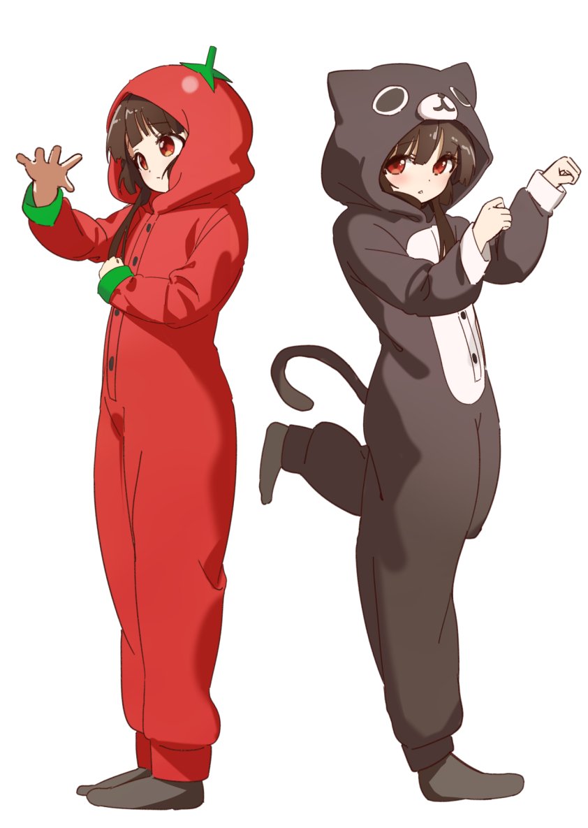 1girl animal_costume black_hair cat_costume closed_mouth full_body keibi_inu long_hair looking_at_viewer matsumoto_rise open_mouth paw_pose red_eyes simple_background standing standing_on_one_leg tomato_costume white_background yuru_yuri