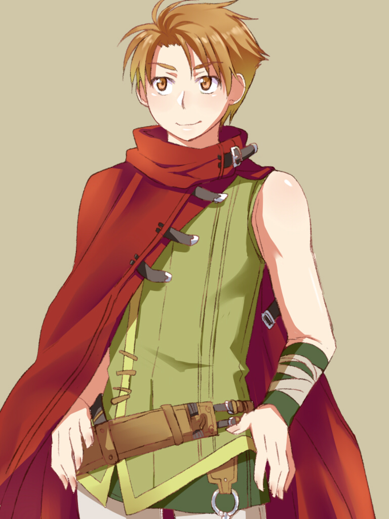 1boy brown_eyes brown_hair cape cloak fire_emblem fire_emblem:_the_blazing_blade hand_on_belt male_focus matthew_(fire_emblem) nintendo red_cloak short_hair solo wrist_guards yuki_(sumaburalove)