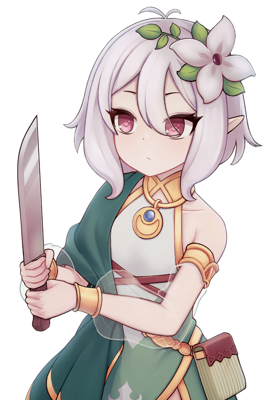 1girl antenna_hair belt closed_mouth commentary detached_sleeves dress flat_chest flower grey_hair hair_between_eyes hair_flower hair_ornament highres holding holding_knife jacy knife kokkoro_(princess_connect!) pink_eyes pointy_ears pouch princess_connect! see-through_clothes see-through_sleeves short_hair sidelocks simple_background single_bare_shoulder sleeveless sleeveless_dress solo symbol-only_commentary upper_body white_background