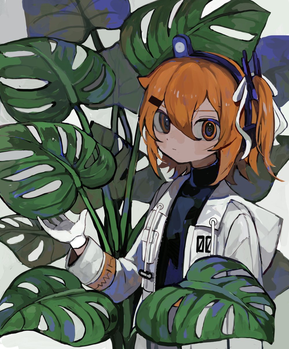 1girl a.i._voice adachi_rei black_skirt closed_mouth commentary gloves hair_between_eyes headlamp highres hood hood_down hooded_jacket jacket leaf lens_eye long_sleeves looking_at_viewer medium_hair monstera_deliciosa one_side_up open_clothes open_jacket orange_eyes orange_hair plant s1ho_(ukiy0u0) skirt solo symbol-only_commentary upper_body utau white_gloves white_jacket