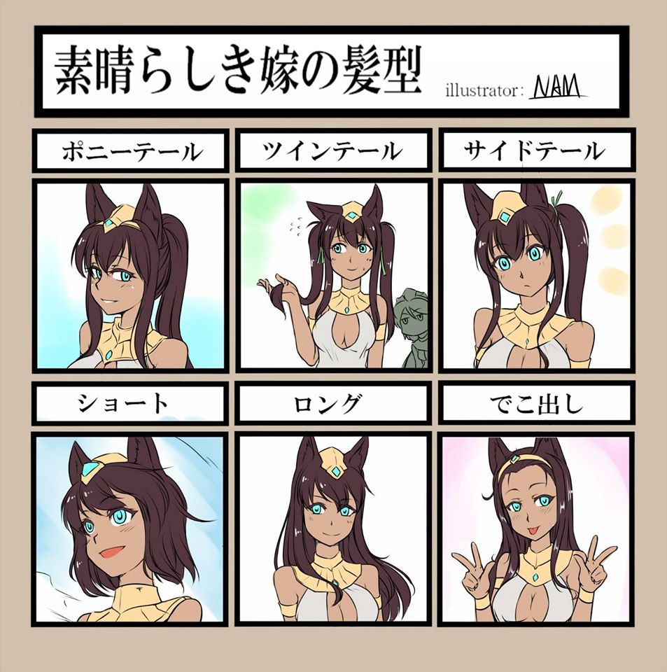2girls :p alternate_hairstyle animal_ears blue_eyes breasts brown_hair cleavage cleavage_cutout clothing_cutout dog_ears double_v flying_sweatdrops genderswap genderswap_(mtf) gradient_background hair_ornament hairband jackal_ears jackal_girl league_of_legends looking_at_viewer medium_breasts multiple_girls nam_(valckiry) nasus personification ponytail renekton side_ponytail sweatdrop tongue tongue_out translation_request twintails v
