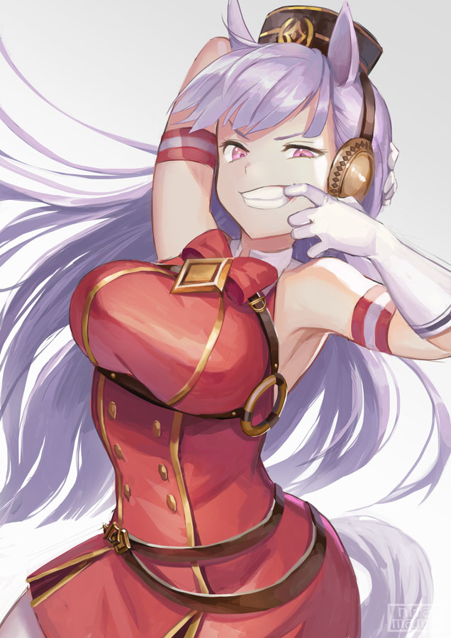 1girl animal_ears arm_behind_head arm_up armpits bare_shoulders blunt_bangs bow bowtie breasts brooch contrapposto cowboy_shot dress ear_covers gloves gold_ship_(umamusume) gold_trim gradient_background grey_background hand_up hat horse_ears horse_girl horse_tail jewelry large_breasts light_purple_hair long_hair looking_at_viewer mouth_pull nitamame pantyhose pink_eyes red_bow red_bowtie red_dress signature simple_background solo tail teeth umamusume uneven_eyes v-shaped_eyebrows very_long_hair white_gloves