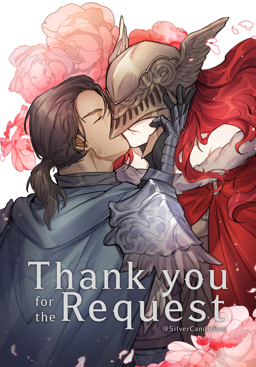 1boy 1girl :/ armor cape closed_eyes dark-skinned_male dark_skin elden_ring facial_hair floral_background fromsoftware height_difference helmet hetero kissing_cheek malenia_blade_of_miquella ponytail red_hair silvercandy_gum stubble tarnished_(elden_ring)