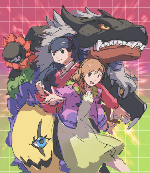 2girls blue_eyes cerberumon digimon digimon_survive floramon jacket kimishima_saki long_hair looking_at_viewer multiple_girls sharp_teeth shibuya_aoi smile teeth yellow_eyes