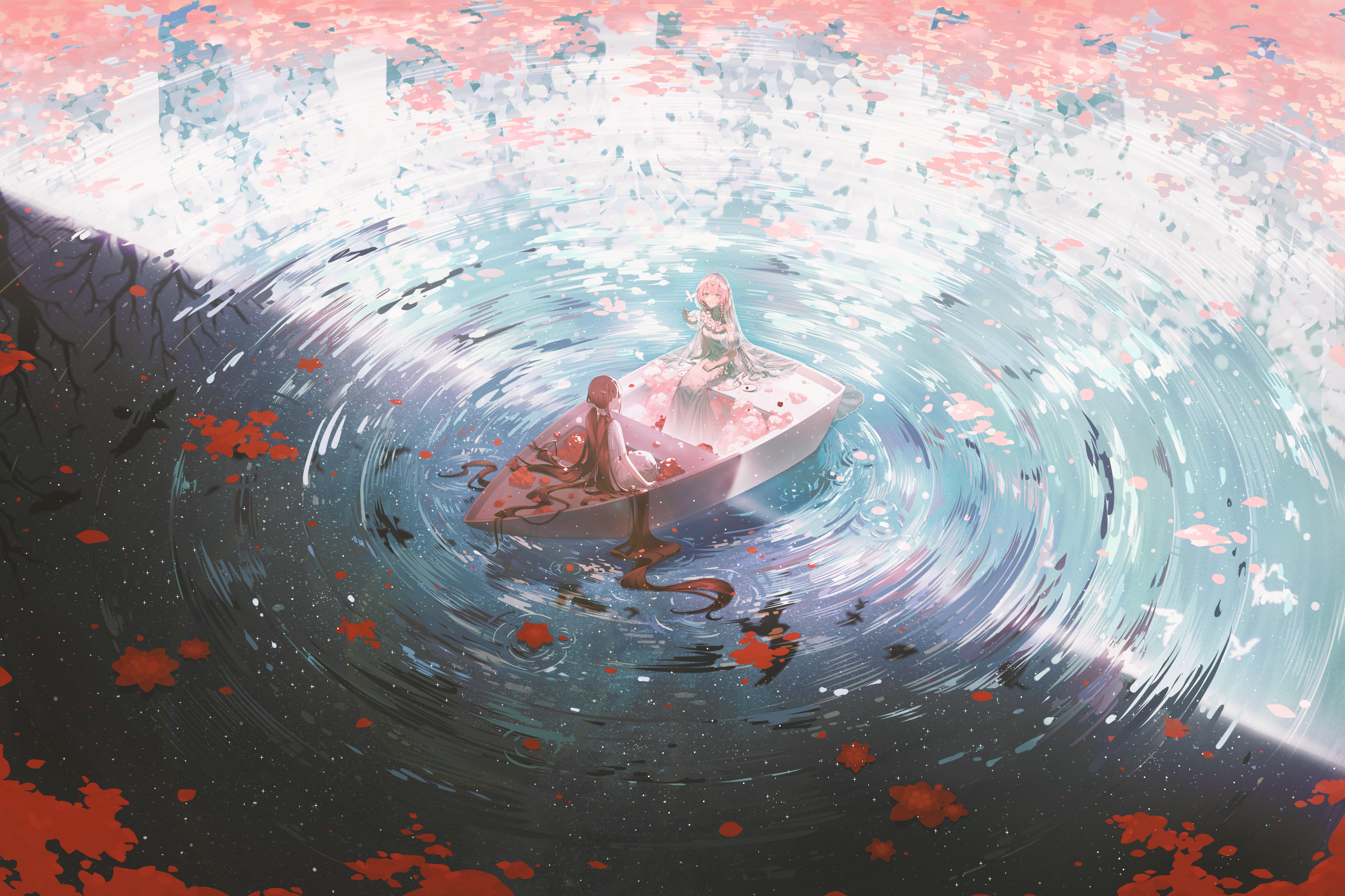2girls absurdly_long_hair absurdres ahoge boat chinese_commentary commentary_request contrast dinned dress flower hair_flowing_over highres lake long_hair multiple_girls on_boat original outdoors pink_flower pink_hair red_eyes red_flower red_hair ripples see-through_clothes see-through_veil sitting split_theme twintails unpaid_commission veil very_long_hair watercraft white_dress wide_shot yellow_eyes