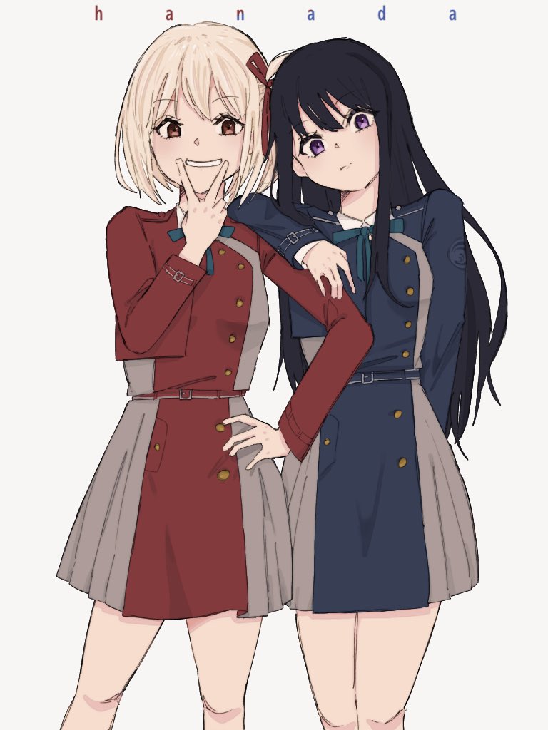 2girls aqua_ribbon artist_name belt black_hair blonde_hair blue_belt blue_dress bob_cut breasts closed_mouth collared_shirt commentary dress hair_ribbon hanada_(cobalt003) hand_on_own_hip inoue_takina leaning_on_person long_hair long_sleeves looking_at_viewer lycoris_recoil lycoris_uniform multiple_girls neck_ribbon nishikigi_chisato one_side_up pleated_dress purple_eyes red_belt red_dress red_eyes red_ribbon ribbon shirt short_hair sidelocks simple_background small_breasts smile two-tone_dress v v_over_mouth white_background white_shirt
