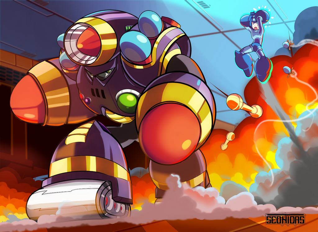 arm_cannon battle boss_battle capcom dust explosion full_body helmet jump mega_man_(character) mega_man_(classic) mega_man_(series) mega_man_5 missile napalm_man no_hands no_humans non-humanoid_robot robot robot_ears smoke weapon