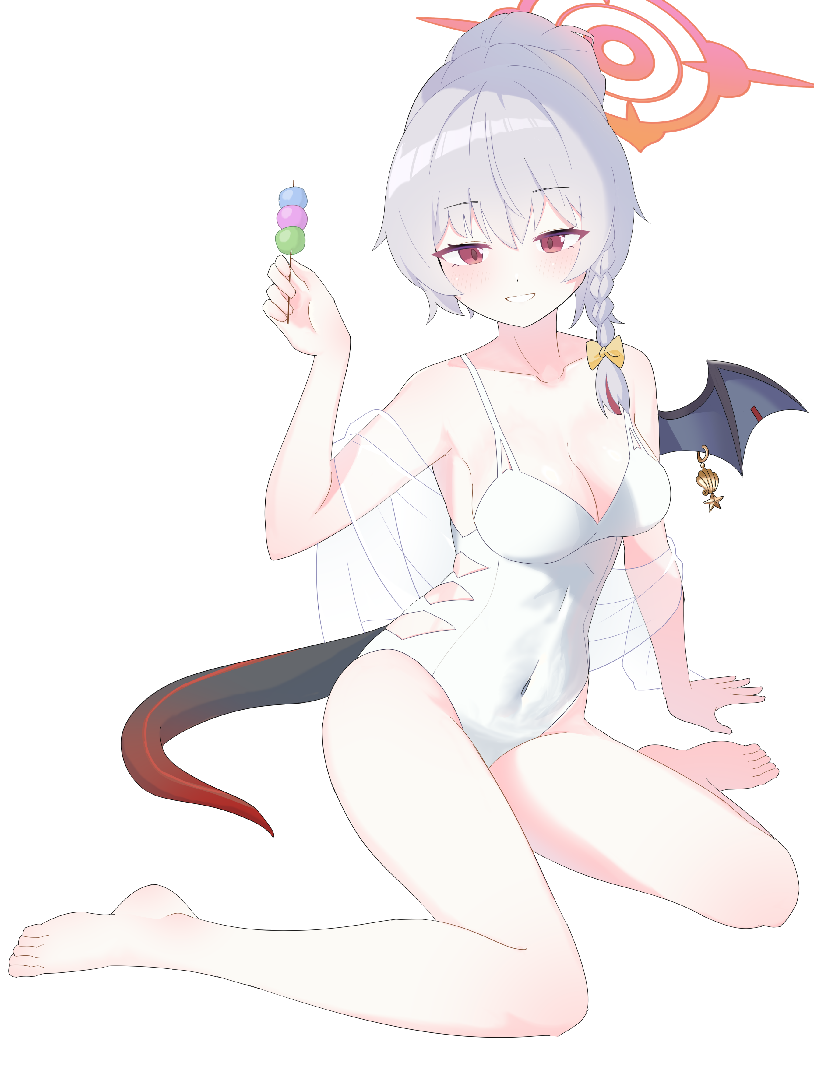 1girl :d absurdres bare_legs bare_shoulders barefoot blue_archive blush bow braid breasts casual_one-piece_swimsuit chinese_commentary cleavage collarbone commentary_request covered_navel dango demon_girl demon_tail demon_wings food full_body grey_hair grin hair_between_eyes hair_bow hair_bun halo hand_up happy haruna_(blue_archive) haruna_(swimsuit)_(blue_archive) highleg highleg_one-piece_swimsuit highres holding holding_food lcz looking_at_viewer medium_breasts medium_hair official_alternate_costume official_alternate_hairstyle one-piece_swimsuit open_mouth piercing red_eyes red_halo sanshoku_dango see-through_clothes see-through_shawl shadow shawl simple_background single_braid single_hair_bun single_wing sitting smile solo swimsuit tail thighs toes tsurime wagashi wariza white_background white_one-piece_swimsuit white_shawl wing_piercing wings yellow_bow