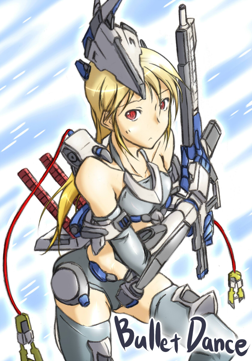 armored_core blonde_hair custom gun highres looking_at_viewer mecha_musume novemdecuple red_eyes rifle weapon