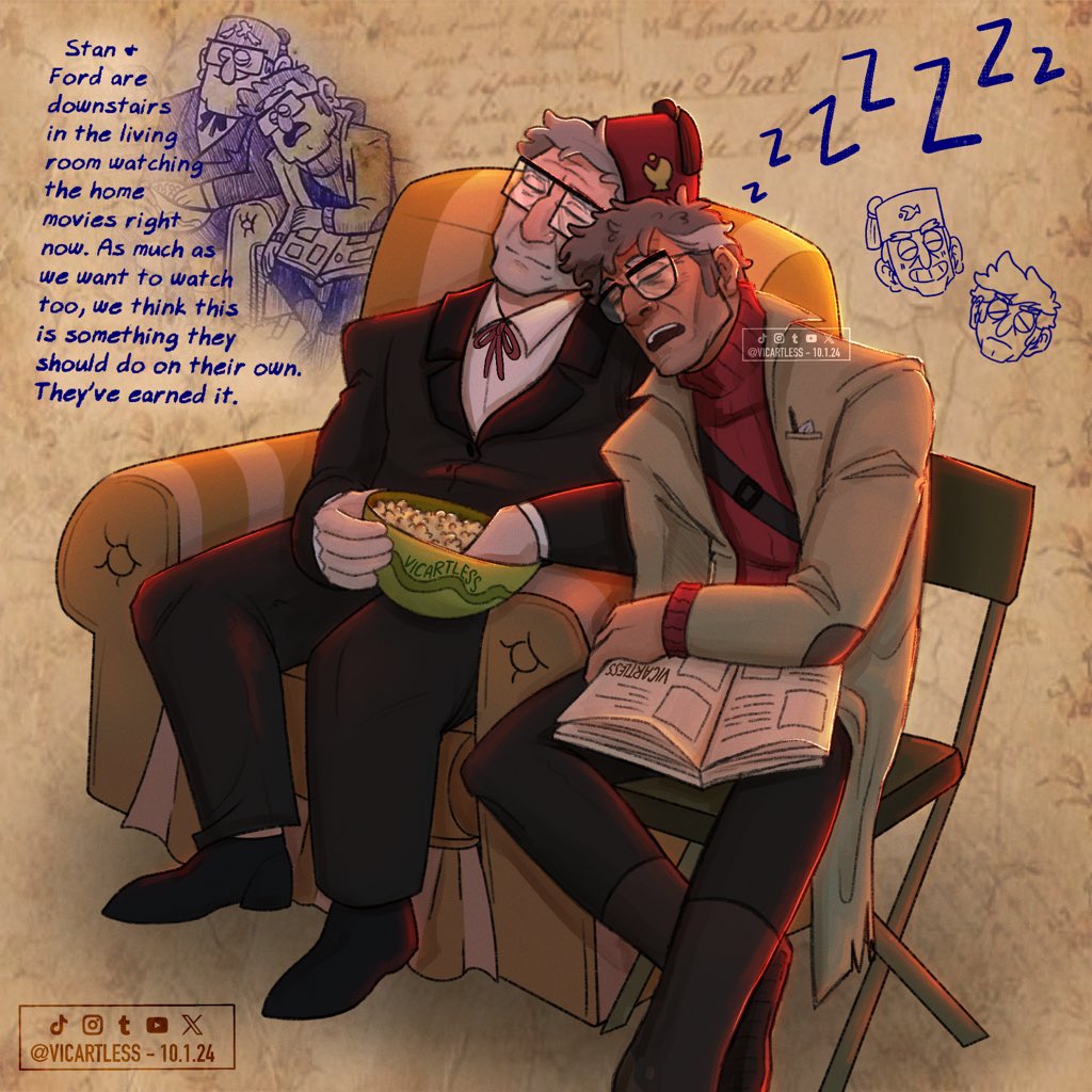 2boys armchair artist_name backlighting big_nose black_jacket black_pants black_shoes blazer book boots bowl brothers brown_boots chair chibi chibi_inset closed_eyes closed_mouth coat collared_shirt commentary dated english_commentary english_text fat fat_man fez_hat food ford_pines glasses gravity_falls grey_hair grunkle_stan hat head_on_another&#039;s_shoulder holding holding_book holding_bowl jacket multiple_boys neck_ribbon old old_man on_chair open_book open_clothes open_coat open_mouth pants paper_background popcorn receding_hairline red_ribbon red_sweater ribbon shirt shoes short_hair siblings sketch_inset sleeping sweater tan teeth turtleneck turtleneck_sweater twins twitter_username upper_teeth_only vicartless white_shirt wrinkled_skin zzz