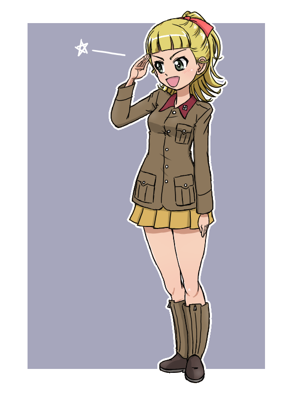 1girl alternate_costume blonde_hair blue_background boots brown_footwear brown_jacket chi-hatan_military_uniform girls_und_panzer green_eyes hair_ribbon jacket miniskirt pink_ribbon ponytail ribbon salute skirt smile takahashi_kurage wallaby_(girls_und_panzer) yellow_skirt zipper_footwear