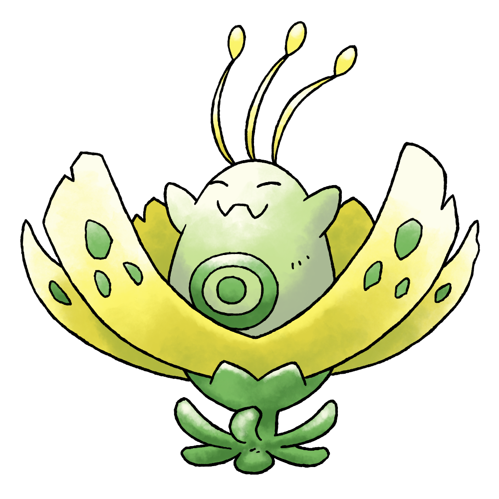 arms_up closed_eyes derivative_work fangs flower full_body hanamogura_(bayleef) in_flower nintendo no_humans official_style pokemon pokemon_(creature) pokemon_focus pokemon_gsc_(prototype) prototype_design raciebeep simple_background skin_fangs solo sugimori_ken_(style) tachi-e transparent_background watercolor_effect yellow_flower