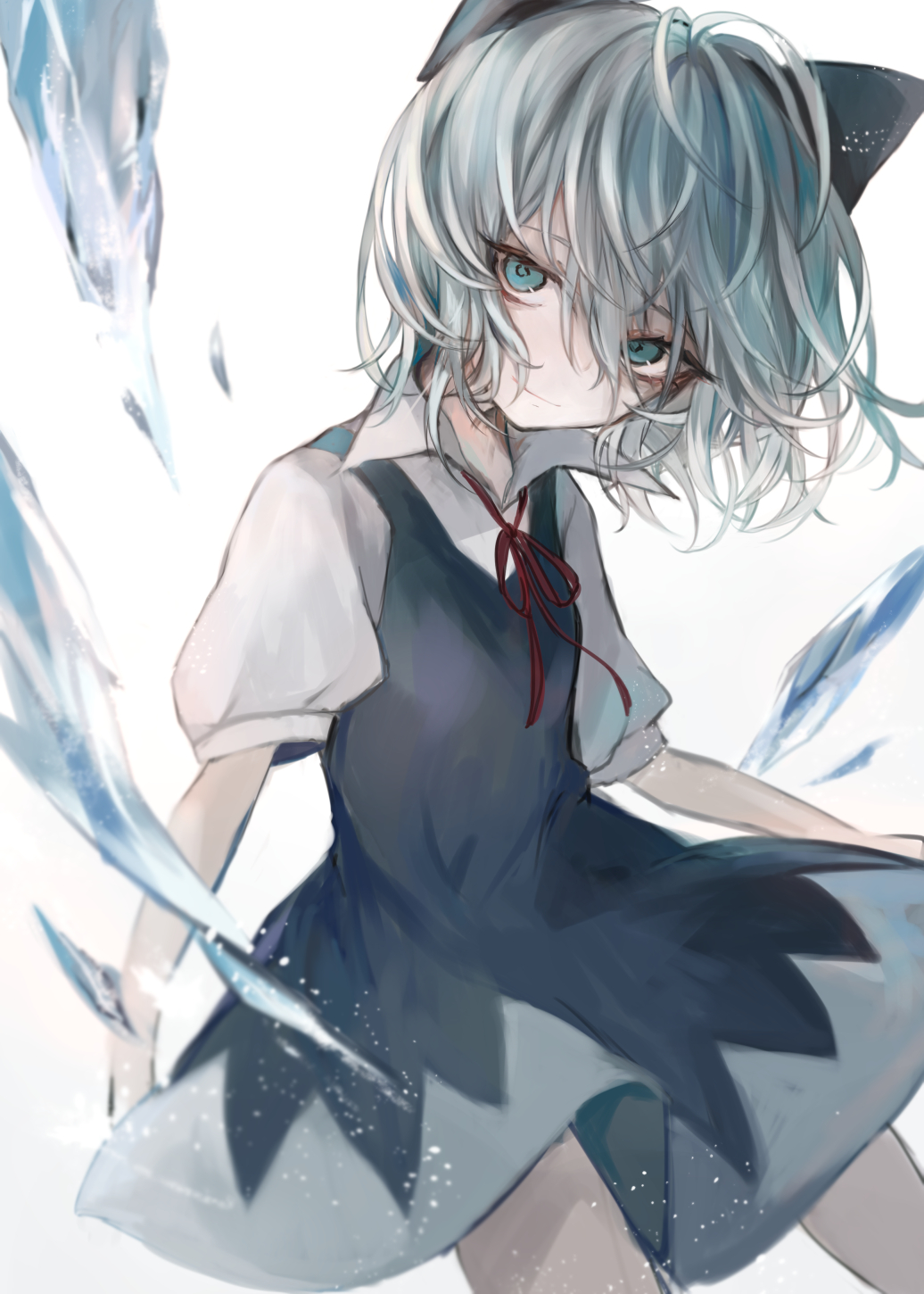1girl blue_bow blue_dress blue_eyes blue_hair bow cirno closed_mouth collared_shirt commentary cowboy_shot dress hair_between_eyes hair_bow hasunokaeru head_tilt highres ice looking_at_viewer neck_ribbon pinafore_dress puffy_short_sleeves puffy_sleeves red_ribbon ribbon shirt short_hair short_sleeves sleeveless_dress smile solo touhou white_shirt