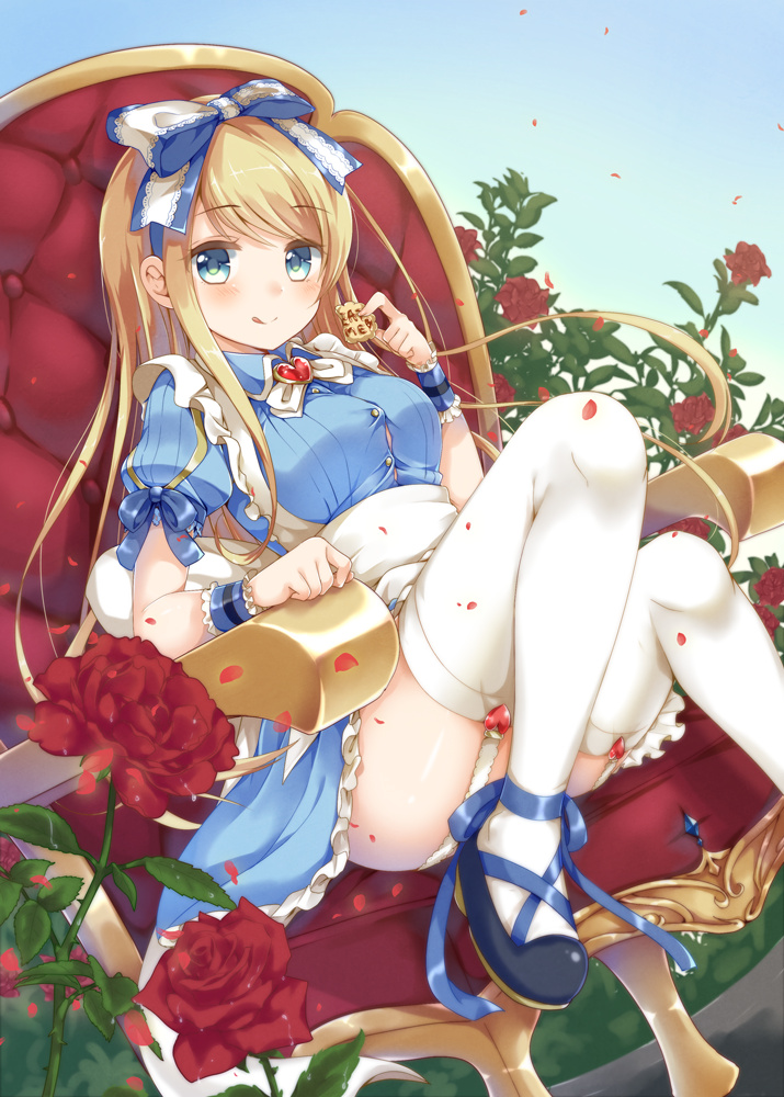 1girl :p :q alice_(alice_in_wonderland) alice_(alice_in_wonderland)_(cosplay) alice_in_wonderland ankle_ribbon blonde_hair blue_bow blue_dress blue_eyes blue_ribbon blush bow brooch chair convenient_leg cookie cosplay dress emilion emu_alice english_text female_focus flower food frilled_ribbon frilled_skirt frills garter_straps green_eyes hair_bow hair_ribbon heart holding jewelry leg_ribbon liver_city long_hair looking_at_viewer original petals puffy_short_sleeves puffy_sleeves red_flower red_rose red_upholstery ribbon rose rose_petals shoes short_sleeves sitting skirt solo thighhighs tongue tongue_out tufted_upholstery underbust white_thighhighs wrist_cuffs