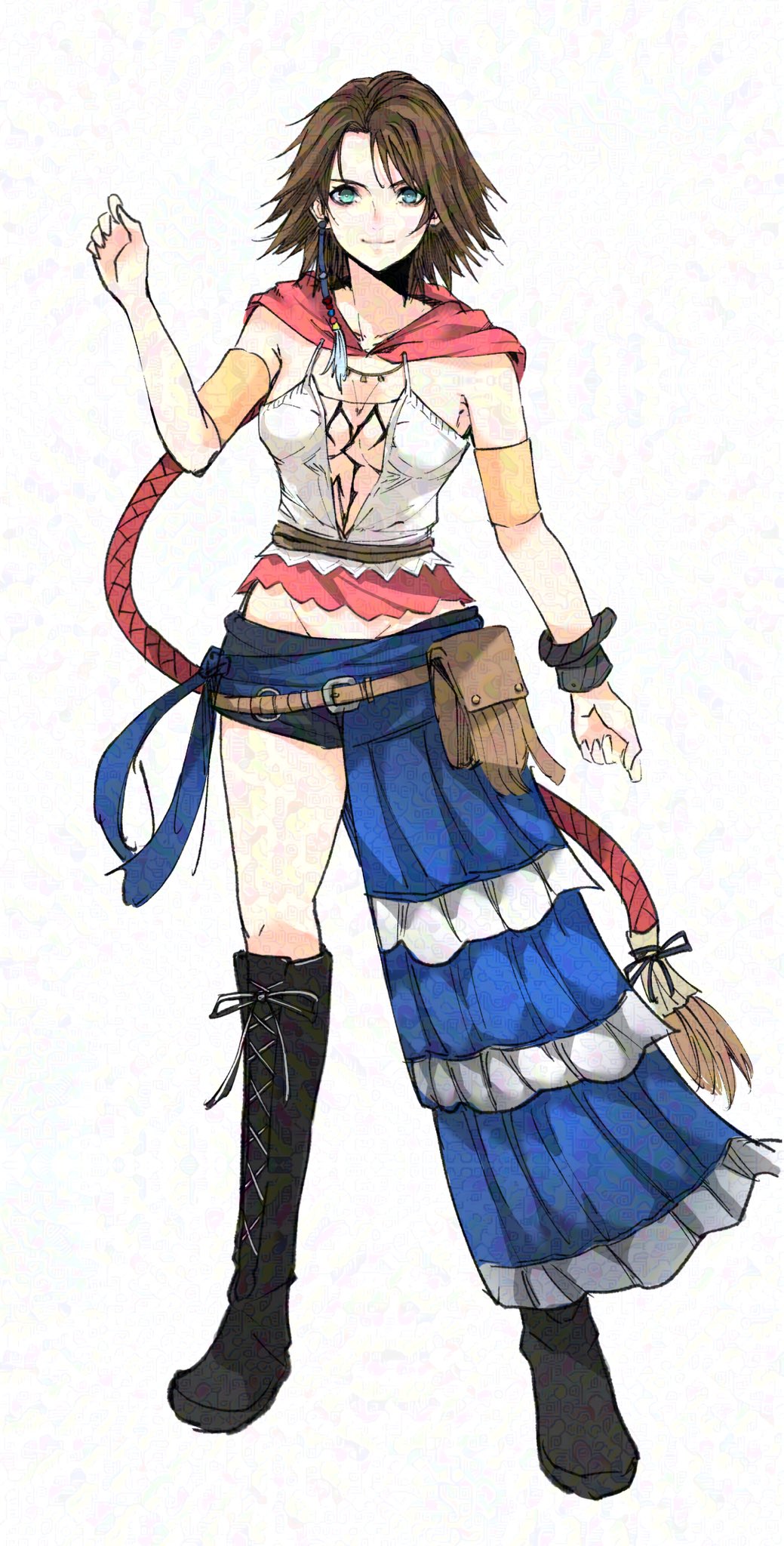 1girl armband beads black_boots black_shorts blue_eyes boots breasts cleavage closed_mouth crazy02oekaki crop_top final_fantasy final_fantasy_x final_fantasy_x-2 full_body green_eyes hair_beads hair_ornament heterochromia highres holster hood hood_down medium_breasts midriff parted_bangs pink_hood plunging_neckline short_hair_with_long_locks short_shorts shorts smile solo waist_cape white_background wristband yellow_armband yuna_(ff10)