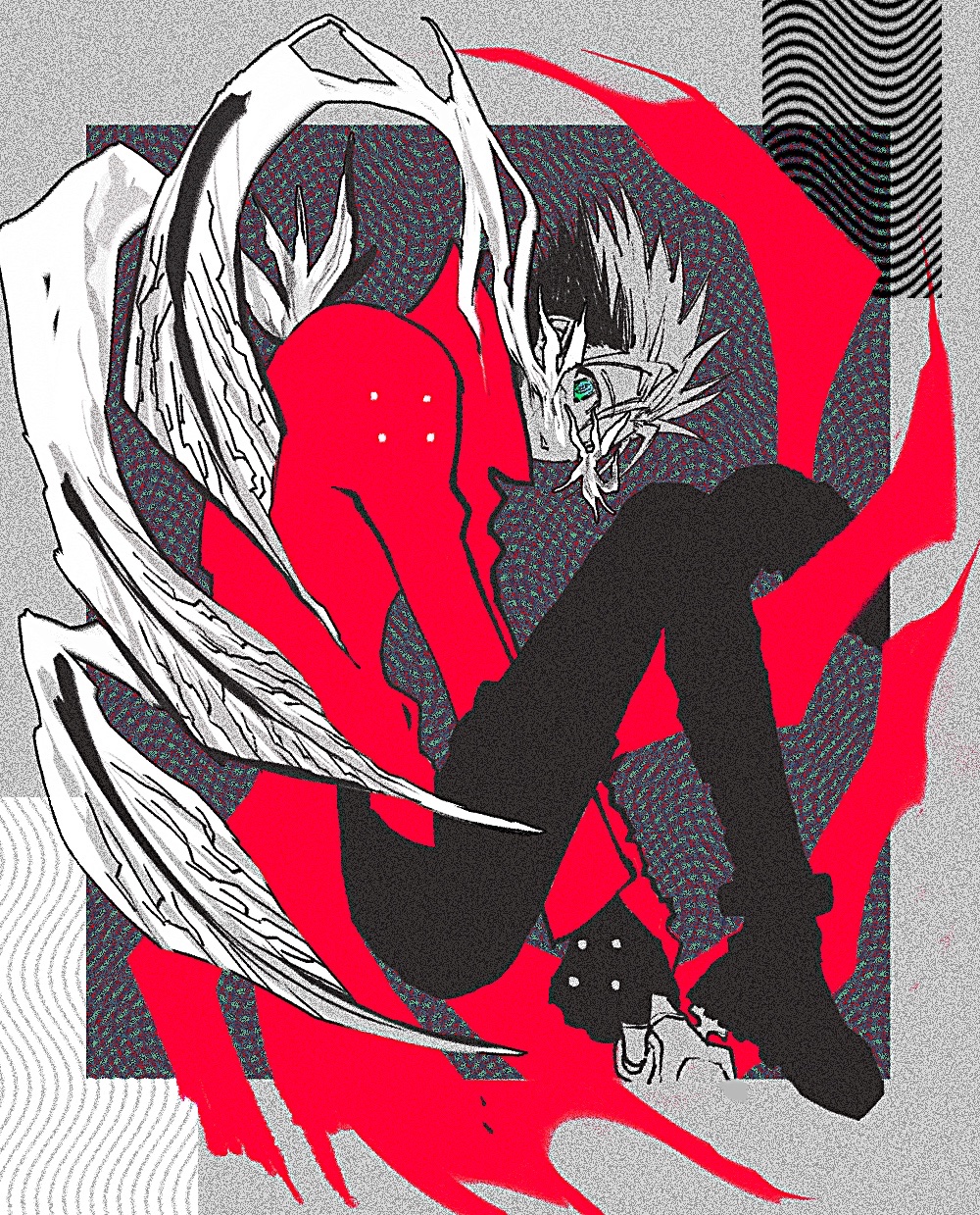 1boy agl_arms_.45_long_colt aqua_eyes between_legs black_gloves black_pants boots break-action_revolver coat floating foot_out_of_frame from_side gloves gun hand_between_legs handgun highres holding holding_gun holding_weapon knees_up long_sleeves looking_at_viewer looking_to_the_side low_bore_axis_revolver male_focus multicolored_hair outside_border pants parted_lips partially_colored partially_fingerless_gloves red_coat red_theme revolver short_hair solo spiked_hair suet00t00 tentacles trigun two-tone_hair vash_the_stampede weapon wings
