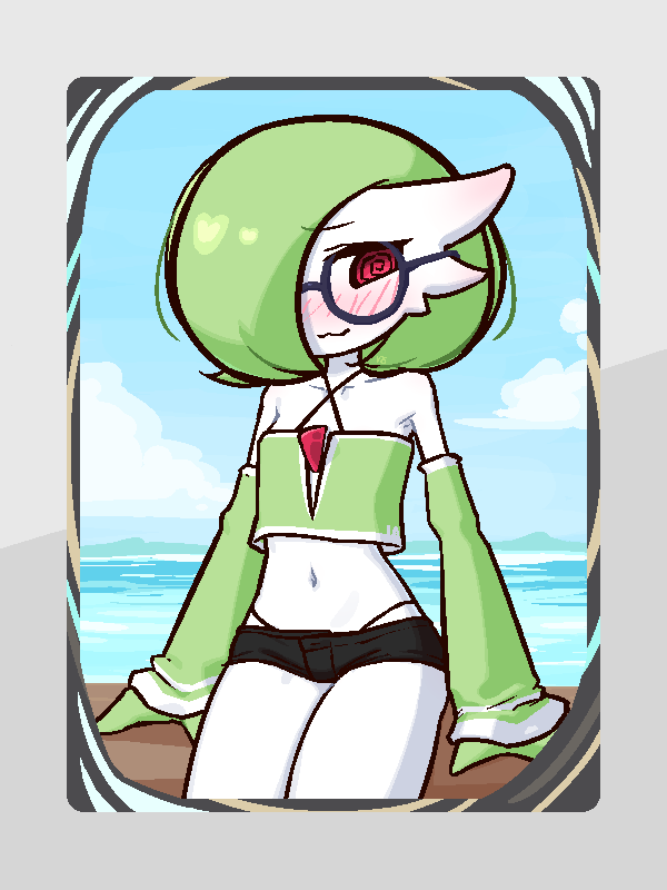 1girl :3 @_@ arms_at_sides averting_eyes bare_shoulders black-framed_eyewear black_panties black_shorts blue_background blue_sky blush bob_cut border closed_mouth cloud collarbone colored_skin cowboy_shot crop_top day detached_sleeves ear_blush female_focus flat_chest gardevoir gen_3_pokemon glasses green_hair green_shirt green_skin green_sleeves grey_border hair_over_one_eye happy highleg highleg_panties jaggy_lines liveactors long_sleeves looking_to_the_side micro_shorts midriff multicolored_skin navel nintendo ocean one_eye_covered outdoors panties pokemon pokemon_(creature) pokemon_tcg pokemon_tcg_pocket red_eyes round_eyewear shirt short_hair shorts sitting sky smile solo spaghetti_strap stomach string_panties thighs two-tone_skin underwear white_skin