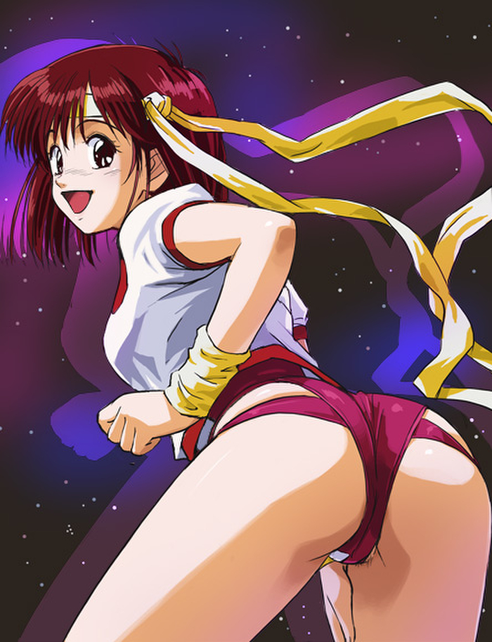 1girl ass buruma gunbuster haruyama_kazunori looking_at_viewer open_mouth short_hair smile solo takaya_noriko
