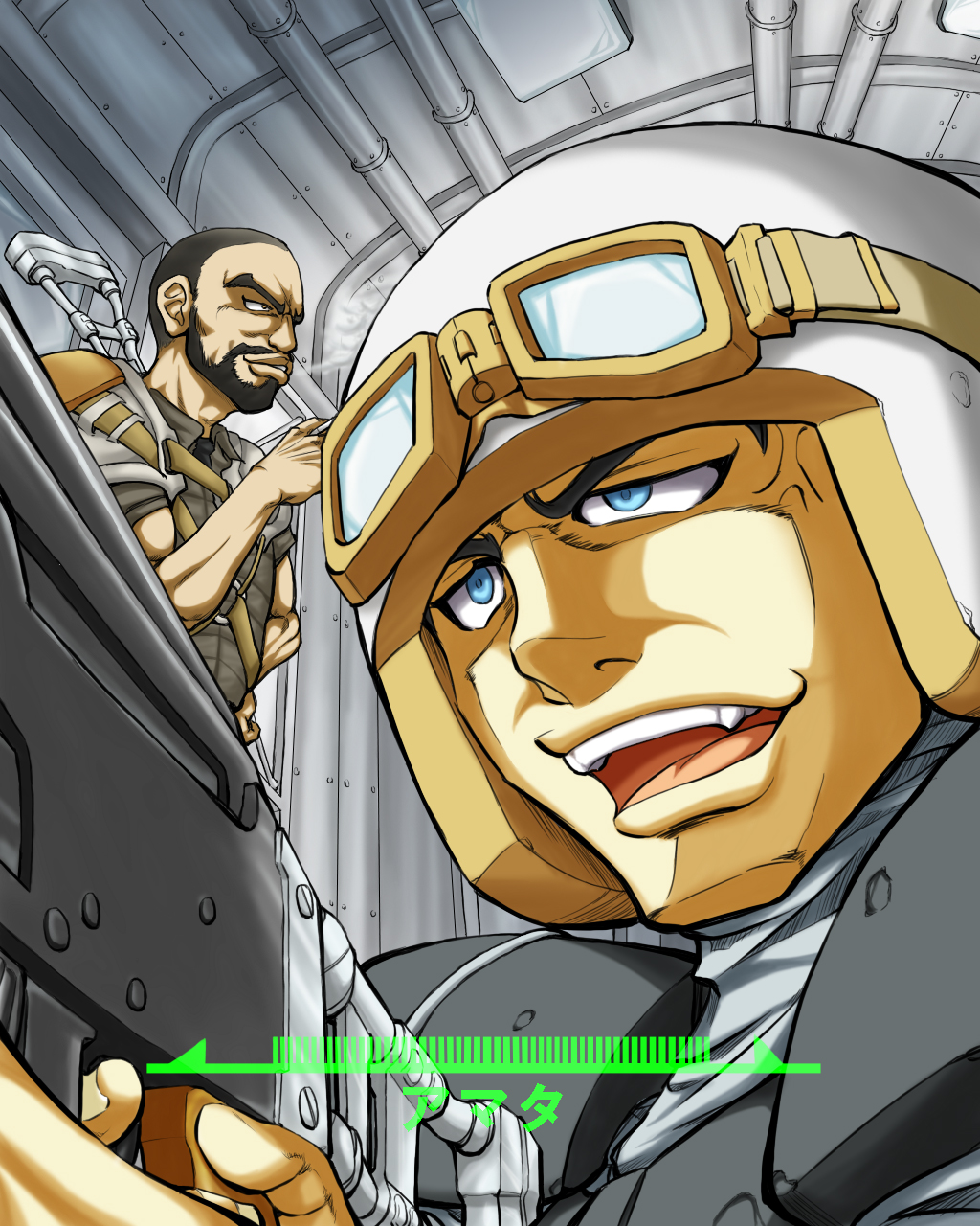2boys amata_almodovar bad_id bad_pixiv_id beard blue_eyes cigarette facial_hair fallout fallout_3 gun health_bar helmet highres iijima_takatoshi iijimatakatoshi jericho male_focus multiple_boys rifle smoking soldier translated uniform weapon