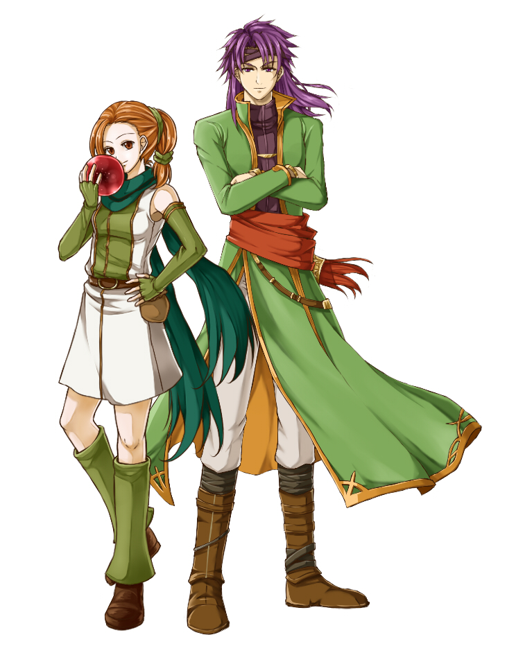 1boy 1girl cath_(fire_emblem) crossed_arms delsaber fire_emblem fire_emblem:_the_binding_blade gloves green_gloves green_scarf hugh_(fire_emblem) nintendo orange_hair purple_hair scarf thief