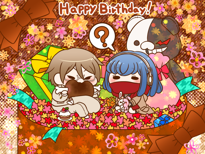 1boy 1girl ? black_eyes black_jacket black_skirt black_socks blazer blonde_hair blue_hair bow box brown_background brown_bow brown_coat cake chibi coat commentary_request covered_mouth crossed_legs danganronpa_(series) danganronpa_2:_goodbye_despair danganronpa_3_(anime) diaper eating english_text eyelashes fat fat_man floral_background flower food formal_clothes gekkogahara_miaya gift glasses grey_jacket grey_pants grey_suit happy_birthday headphones holding holding_food holding_stuffed_toy hood hood_down hooded_coat in_box in_container jacket kneehighs layered_sleeves light_blush meat medium_hair miniskirt monokuma monomi_(danganronpa) open_clothes open_coat orange_flower pale_skin pants pink_bow pink_flower plate pocket red_flower red_scarf scarf shirt shoes short_hair sitting skirt socks solid_oval_eyes spoken_question_mark striped_background stuffed_animal stuffed_toy suit teddy_bear togami_byakuya_(danganronpa_2) v-shaped_eyebrows wariza white-framed_eyewear white_footwear white_shirt yellow_flower yumaru_(marumarumaru)