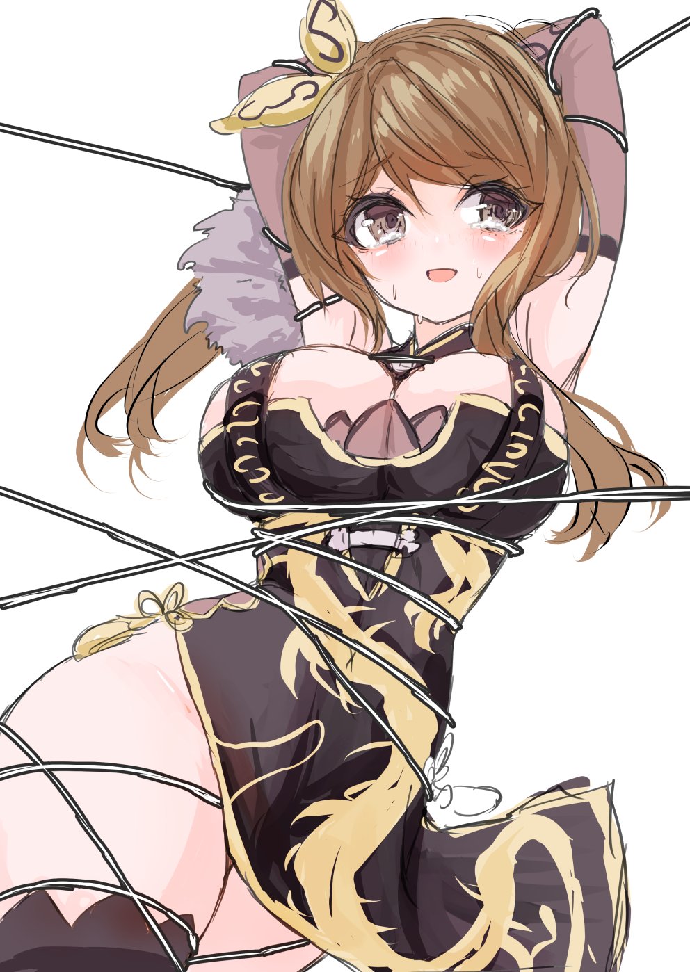1girl arms_behind_head arms_up assault_lily black_dress black_thighhighs blush bow breasts brown_hair cleavage commentary_request cowboy_shot detached_sleeves dragon_print dress entangled grey_eyes hair_between_eyes hair_bow highres iijima_renka large_breasts long_hair long_sleeves looking_at_viewer neni_hatahachi nervous_smile official_alternate_costume official_alternate_hairstyle parted_lips pelvic_curtain print_dress raised_eyebrows side_ponytail simple_background sleeveless sleeveless_dress smile solo standing sweat tassel thighhighs two-tone_dress white_background yellow_bow yellow_dress