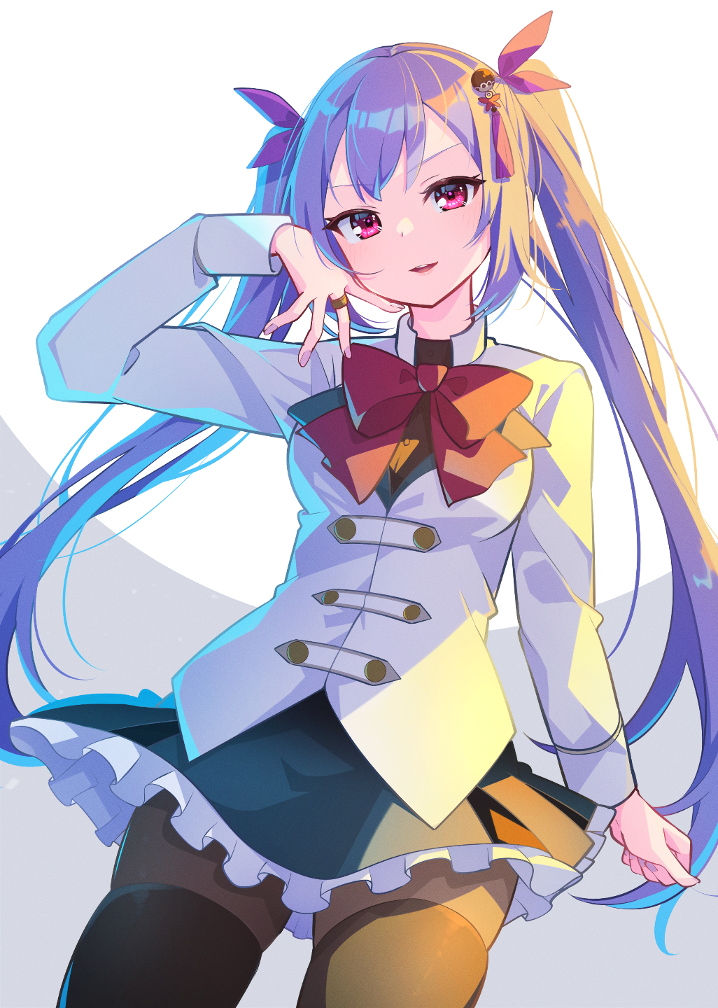 1girl assault_lily backlighting black_shirt black_thighhighs blue_skirt bow breasts brown_pantyhose buttons commentary_request cowboy_shot fingernails frilled_skirt frills grey_background hair_ribbon hand_on_own_cheek hand_on_own_face hand_up herensuge_girls_academy_school_uniform highres jewelry light_blush long_hair long_sleeves looking_at_viewer matsumura_fuuka medium_breasts miniskirt morugen nail_polish pantyhose parted_lips pink_eyes pink_ribbon purple_hair purple_nails red_bow ribbon ring school_uniform shirt skirt smile solo standing tassel teeth thighhighs thighhighs_over_pantyhose twintails two-tone_background upper_teeth_only v-shaped_eyebrows very_long_hair white_background