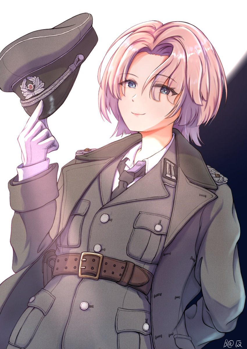 1girl arimura_mao bag1945 belt blue_eyes blush coat collar_tabs commentary_request east_germany gakuen_idolmaster gloves hat highres idolmaster jacket looking_at_viewer military_uniform necktie open_clothes open_coat peaked_cap pink_hair short_hair smile solo two-tone_background unworn_hat unworn_headwear
