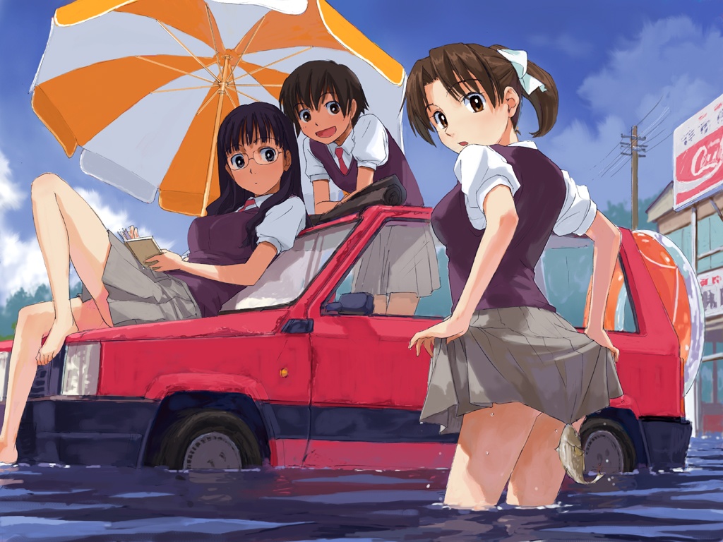 3girls animal barefoot beach_umbrella brown_hair car clothes_lift cloud coca-cola day fiat fiat_panda fish flood flooded glasses motor_vehicle multiple_girls naruko_hanaharu on_car original outdoors pleated_skirt ribbon school_uniform serafuku sitting skirt skirt_hold skirt_lift sky soaking_feet sweater sweater_vest umbrella vest wading water wet wet_clothes