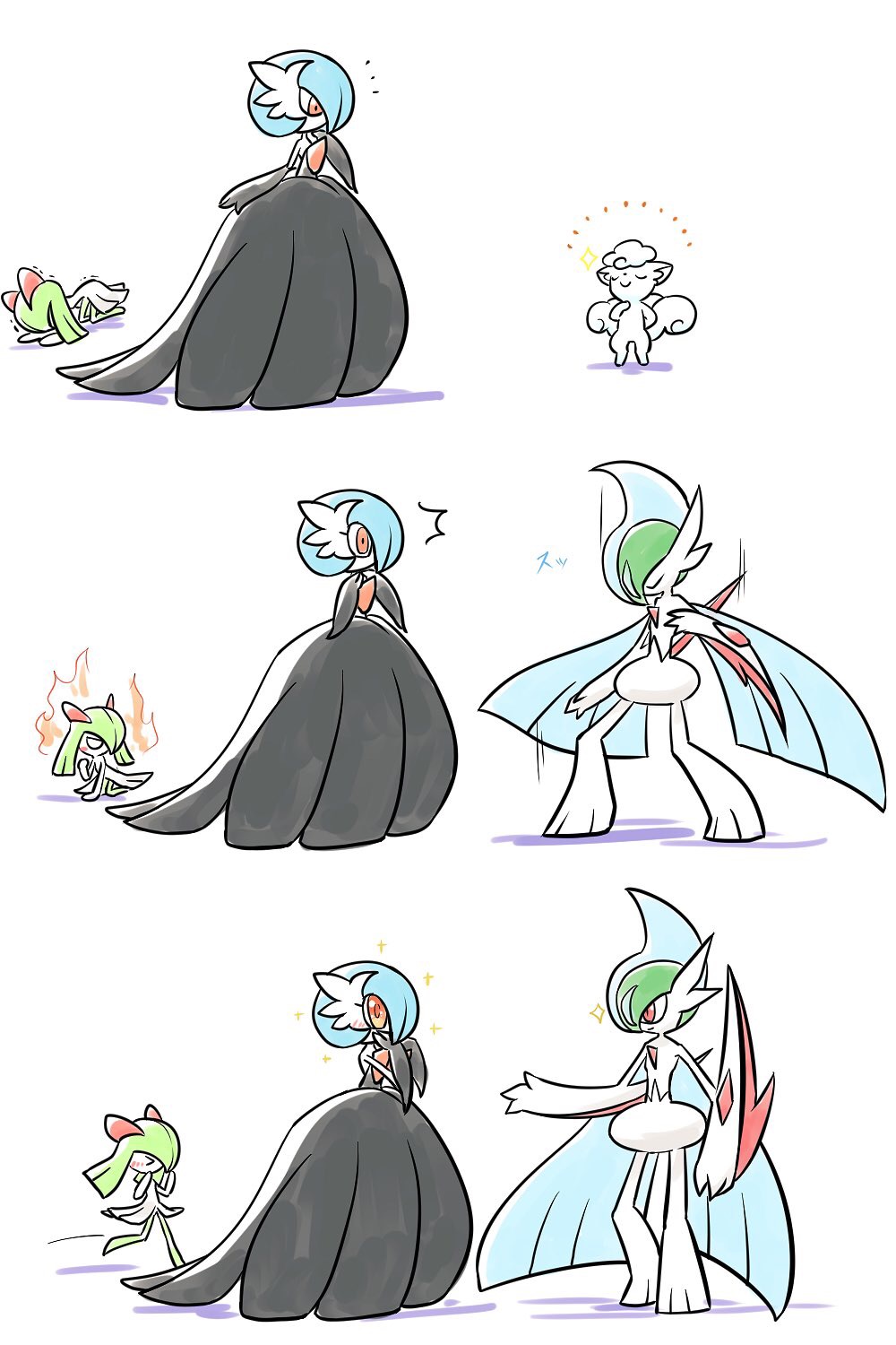 773mimisuke alolan_form alolan_vulpix alternate_color arm_blade black_dress black_gloves blue_hair bob_cut cape closed_eyes colored_skin dress elbow_gloves from_side gallade gardevoir gen_3_pokemon gen_4_pokemon gen_7_pokemon gloves green_hair green_skin highres horns kirlia mega_gallade mega_gardevoir mega_pokemon multicolored_skin nintendo orange_eyes pokemon pokemon_(creature) shiny_pokemon sidelocks simple_background smile two-tone_skin weapon white_background white_cape white_fur white_skin