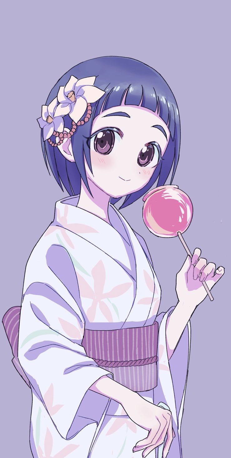 1girl apple arched_bangs birthday blue_hair blue_kimono blush brown_eyes candy_apple closed_mouth commentary cowboy_shot dot_nose fingernails floral_print floral_print_kimono flower food fruit hair_flower hair_ornament hand_up highres holding holding_food holding_fruit idolmaster idolmaster_cinderella_girls japanese_clothes kanipoposu kanzashi kimono looking_at_viewer looking_to_the_side obi obijime official_alternate_costume okazaki_yasuha print_kimono purple_background purple_sash sash short_bangs short_hair simple_background smile solo split_mouth standing three_quarter_view tsumami_kanzashi yukata
