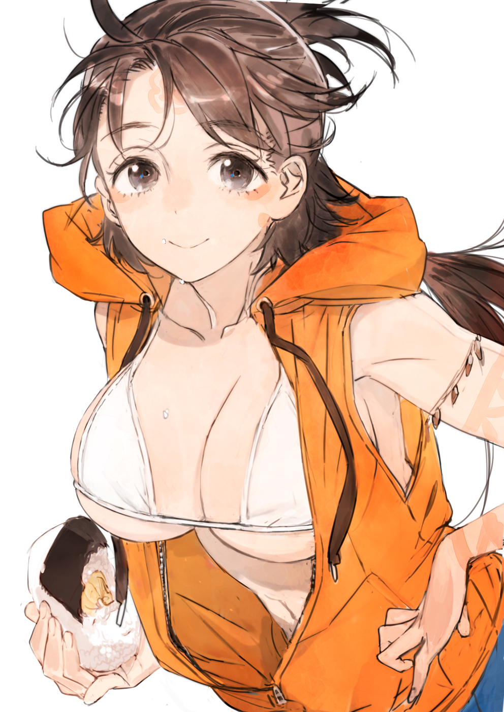1girl bare_shoulders beads bikini bikini_top_only blue_shorts breasts brown_eyes brown_hair cleavage collarbone contemporary denim denim_shorts drawstring facial_mark fate/grand_order fate_(series) food food_on_face forehead forehead_mark highres himiko_(fate) himiko_(tour_outfit)_(fate) hood hooded_vest hoodie large_breasts long_hair looking_at_viewer onigiri orange_vest rice rice_on_face short_shorts shorts sleeveless sleeveless_hoodie smile solo swimsuit toi8 topknot twintails vest white_bikini zipper