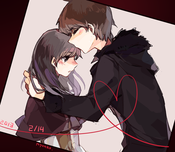 1boy 1girl black_hair brown_hair capelet kissing_forehead grey_eyes hakuel heart heart_of_string hetero kamen_rider kamen_rider_wizard_(series) kiss kissing_forehead koyomi_(kamen_rider_wizard) long_hair souma_haruto upper_body