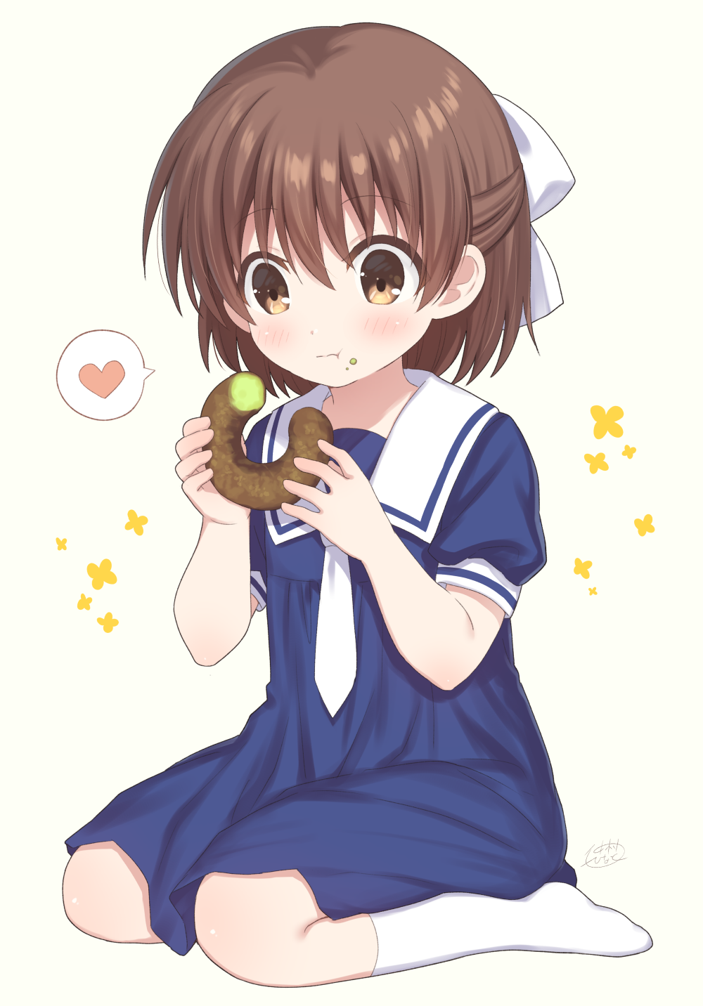 1girl :t blue_dress blush bow brown_eyes brown_hair clannad closed_mouth commentary_request donut dress eating food food_on_face full_body hair_between_eyes hair_bow heart highres holding holding_food kneehighs nakamura_hinato necktie no_shoes okazaki_ushio puffy_short_sleeves puffy_sleeves school_uniform short_sleeves simple_background sitting socks solo spoken_heart wariza wavy_mouth white_background white_bow white_necktie white_socks