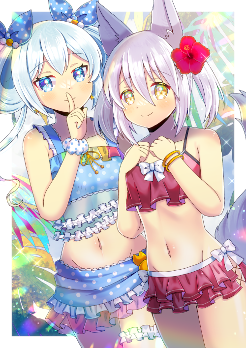 2girls animal_ear_fluff animal_ears bangle bare_arms bare_shoulders bikini blue_bikini blue_eyes bow bracelet brown_eyes closed_mouth commentary_request commission crossover finger_to_mouth flower frilled_bikini frills grey_hair groin hair_flower hair_ornament hand_up irotoridori_no_sekai jewelry kou_hiyoyo layered_bikini multiple_girls navel ongeki polka_dot polka_dot_bikini red_bow red_flower ren_(irotoridori_no_sekai) scrunchie shushing skeb_commission smile suzushima_arisu swimsuit twintails wrist_scrunchie