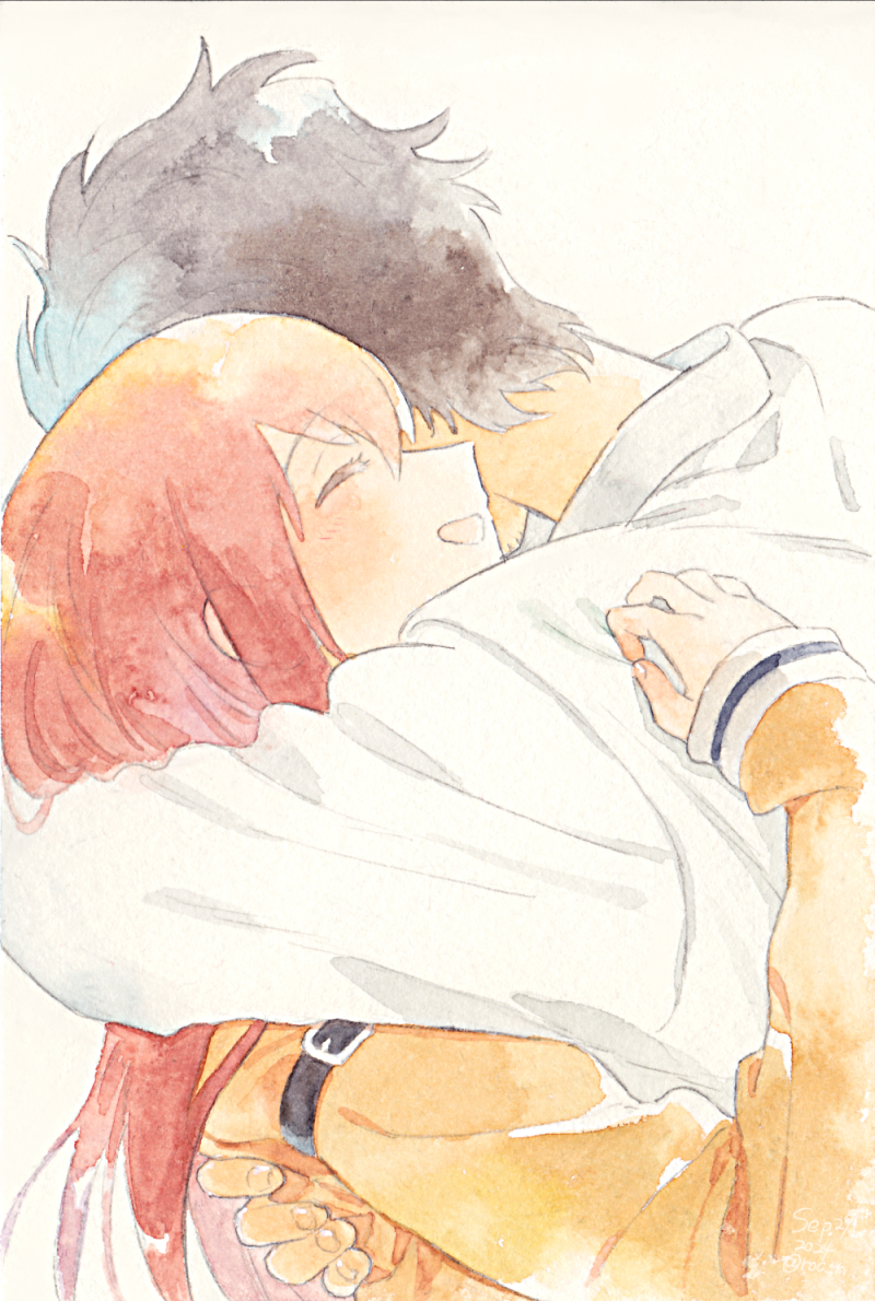 1boy 1girl black_hair blush brown_jacket closed_eyes coat commentary_request from_behind hug jacket lab_coat long_hair long_sleeves makise_kurisu okabe_rintarou open_mouth orange_hair rocni short_hair simple_background smile steins;gate watercolor_effect white_background white_coat