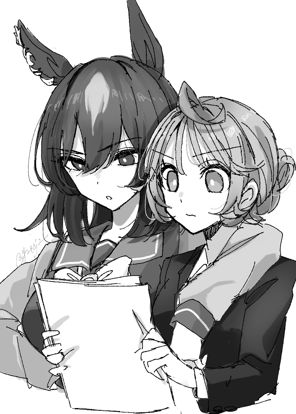 2girls :o ahoge animal_ears arm_around_neck bow bowtie breasts closed_mouth cropped_torso female_trainer_(umamusume) greyscale highres holding holding_paper horse_ears jacket long_hair long_sleeves medium_breasts monochrome multiple_girls paper school_uniform short_hair sirius_symboli_(umamusume) sketch small_breasts toji_(y2toj2) tracen_school_uniform trainer_(umamusume) twitter_username umamusume upper_body