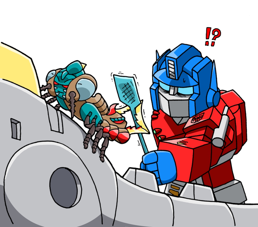 1980s_(style) 1990s_(style) 3boys antennae apatosaurus autobot beast_wars beast_wars_ii beni_(8204) big_mos blue_eyes bug dinosaur headgear insect machinery male_focus maximal mosquito multiple_boys no_humans oldschool optimus_prime personification retro_artstyle simple_background sludge_(transformers) standing transformers white_background wings