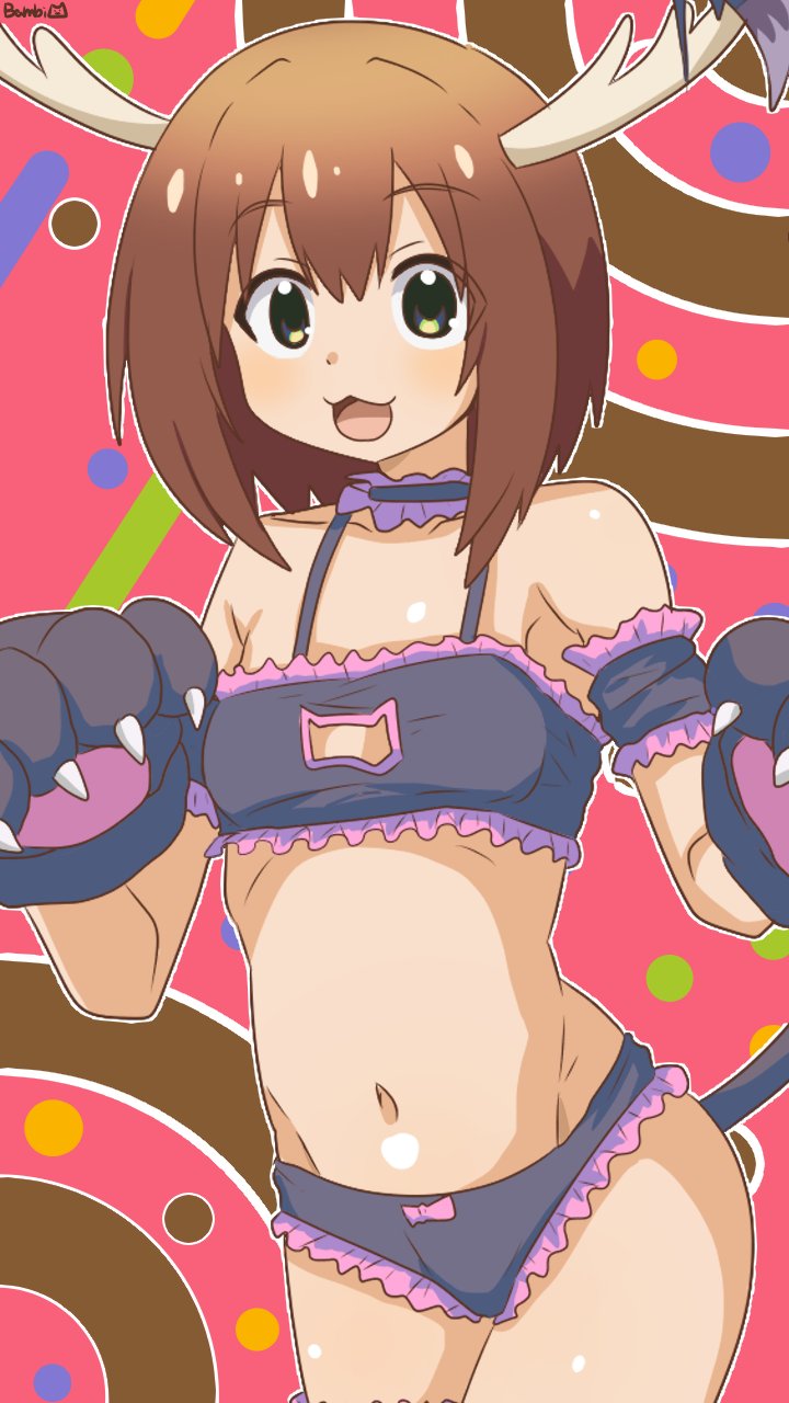 1girl :3 animal_hands antlers bambi2000line black_bra black_panties bra breasts brown_hair cat_cutout cat_lingerie choker cleavage_cutout clothing_cutout commentary_request cosplay cowboy_shot eyes_visible_through_hair frilled_bra frilled_choker frilled_panties frills gloves green_eyes highres hip_bones horns medium_hair meme_attire navel onii-chan_wa_oshimai! open_mouth oyama_mahiro oyama_mahiro_(cosplay) panties paw_gloves shikanoko_noko shikanoko_nokonoko_koshitantan small_breasts smile solo thigh_strap underwear