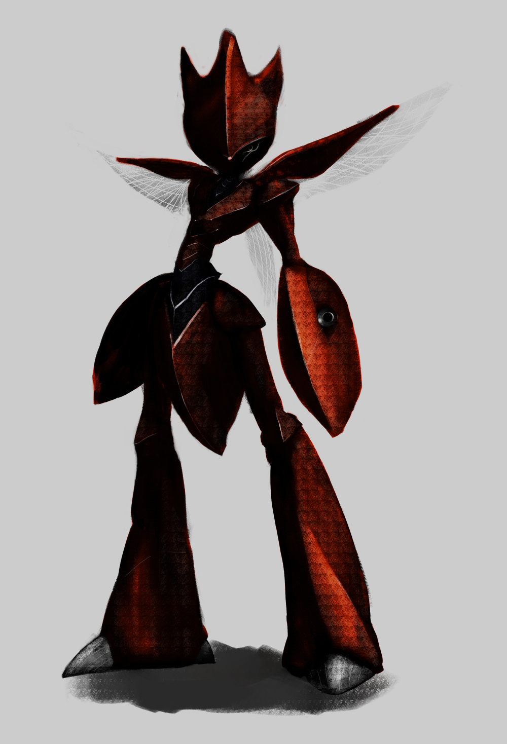 full_body gen_2_pokemon grey_background highres looking_at_viewer nintendo no_humans pokemon pokemon_(creature) realistic scizor shaded_face simple_background standing tonton.