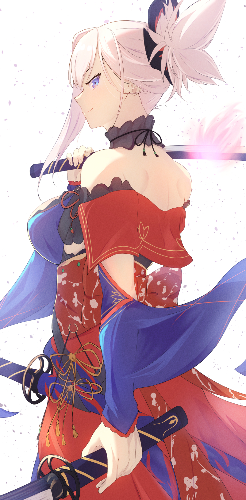 1girl blue_eyes breasts detached_sleeves dual_wielding fate/grand_order fate_(series) from_side glowing glowing_sword glowing_weapon highres holding holding_sword holding_weapon katana large_breasts miyamoto_musashi_(fate) miyamoto_musashi_(third_ascension)_(fate) over_shoulder pink_hair ponytail sheath smile sword umi_endu weapon weapon_over_shoulder wide_sleeves