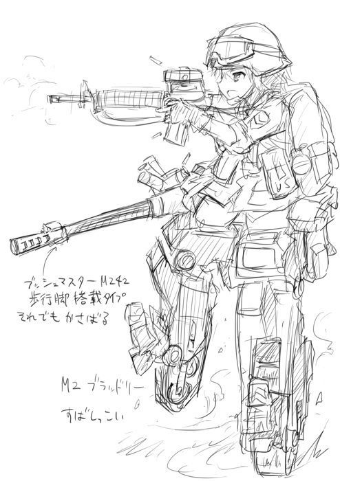 1girl acog ammunition_pouch assault_rifle autocannon backpack bad_id bad_pixiv_id bag cannon chain_gun colt_commando dakku_(ogitsune) female_focus gloves goggles goggles_on_head greyscale gun helmet infantry_fighting_vehicle m16 m16a2 m242_bushmaster m2_bradley m4_carbine military military_uniform monochrome original panties pouch rifle shell_casing short_hair sketch soldier solo strike_witches strike_witches_1991 striker_unit underwear weapon white_background world_witches_series