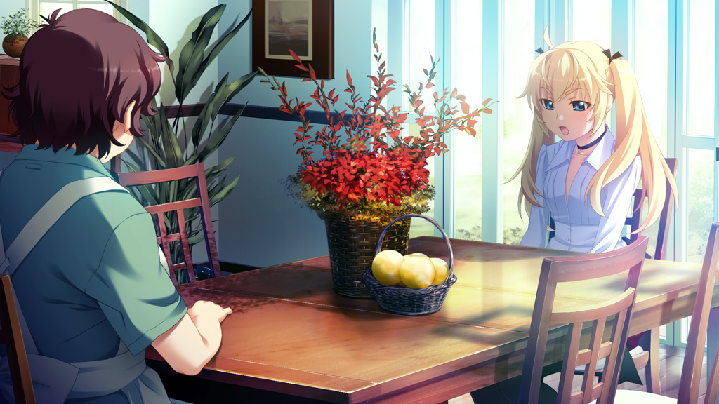 2girls ahoge apron arm_on_table back_bow black_choker black_pantyhose blonde_hair blue_eyes bow breasts brown_hair choker collarbone collared_shirt eyeliner flower flower_basket food fruit fruit_basket game_cg green_shirt grisaia_(series) grisaia_no_kajitsu hair_ribbon heart heart_choker indoors lemon long_hair long_sleeves looking_at_another makeup matsushima_michiru multiple_girls non-web_source on_chair open_mouth painting_(object) pantyhose plant potted_plant red_eyeliner red_flower red_skirt ribbon shirt short_hair sitting skirt table talking twintails variant_set watanabe_akio white_apron white_bow white_shirt window wooden_chair wooden_table