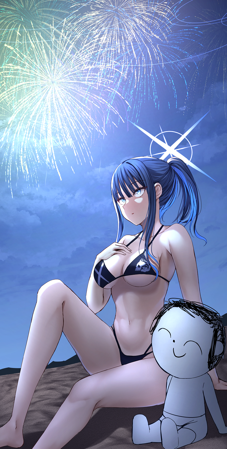 1boy 1girl aerial_fireworks bare_arms bare_legs bare_shoulders barefoot bikini black_bikini black_hair blue_archive blue_eyes blue_hair blue_halo breasts closed_mouth colored_inner_hair doodle_sensei_(blue_archive) fireworks halo highres large_breasts long_hair merxkialis multicolored_hair navel night outdoors saori_(blue_archive) sensei_(blue_archive) sitting swimsuit thong_bikini toned