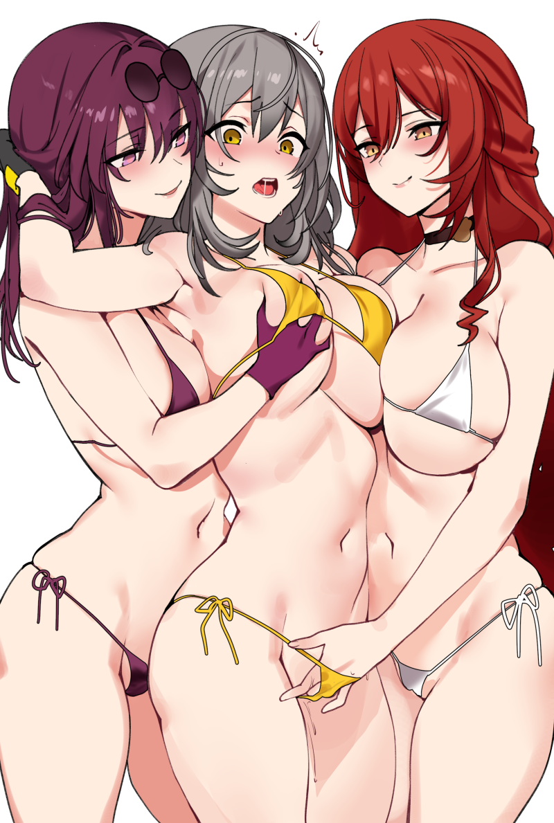 3girls asymmetrical_docking belly-to-belly bikini black_choker black_gloves blush breast_press breasts breasts_on_another&#039;s_back cameltoe choker drooling eyewear_on_head face-to-face fff_threesome fingering front-to-back girl_sandwich glasses gloves grabbing_another&#039;s_breast grabbing_from_behind grey_hair groping group_sex hand_in_bikini hand_under_clothes hand_under_swimsuit himeko_(honkai:_star_rail) honkai:_star_rail honkai_(series) kafka_(honkai:_star_rail) large_breasts long_hair looking_at_another micro_bikini multiple_girls ndgd no_pupils open_mouth orange_eyes pince-nez purple_bikini purple_eyes purple_gloves purple_hair pussy_juice red_hair round_eyewear saliva saliva_trail sandwiched side-tie_bikini_bottom simple_background skindentation smile smug stelle_(honkai:_star_rail) string_bikini sunglasses surprised sweat swimsuit threesome trailblazer_(honkai:_star_rail) very_long_hair white_bikini wide-eyed yellow_bikini yellow_eyes yuri