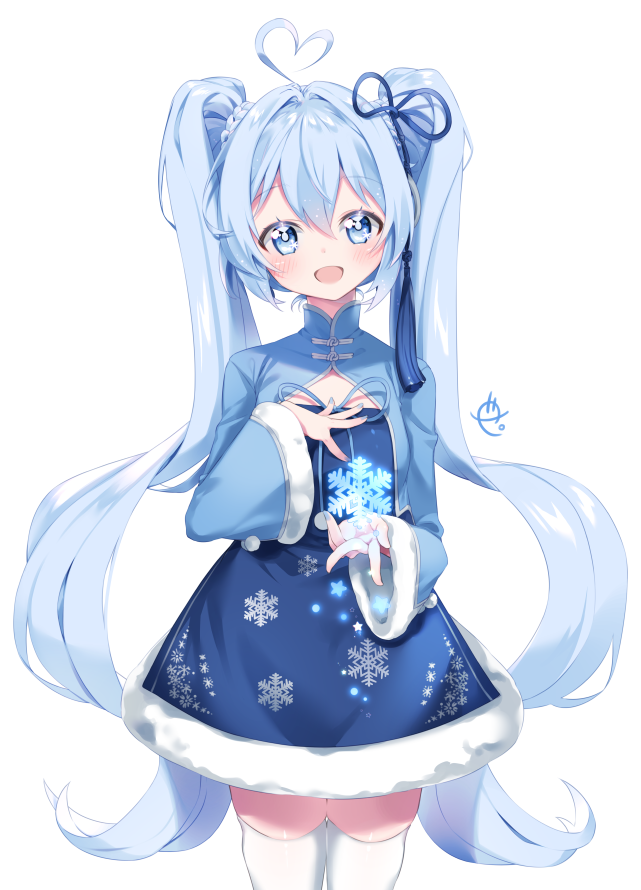 1girl ahoge arami_o_8 blue_dress blue_eyes blue_hair blue_nails blush chinese_clothes cleavage_cutout clothing_cutout commentary cowboy_shot dress female_focus fur-trimmed_dress fur-trimmed_sleeves fur_trim hair_ribbon hand_on_own_chest hatsune_miku heart heart_ahoge holding light_blue_hair long_hair looking_at_viewer nail_polish open_mouth ribbon smile snowflake_print snowflakes solo sour_model_(mikumikudance) standing symbol-only_commentary thighhighs twintails very_long_hair vocaloid white_background white_thighhighs yuki_miku