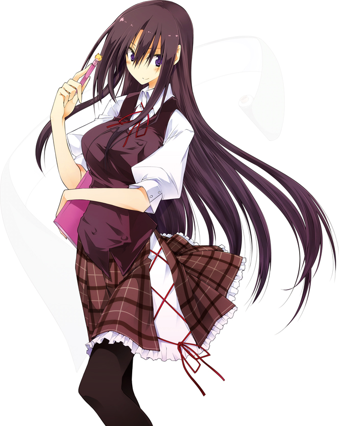 00s 10mo 1girl akaba_chizuru black_hair black_pantyhose blush book female_focus long_hair pantyhose pen plaid_clothes plaid_skirt pleated_skirt purple_eyes seitokai_no_ichizon simple_background skirt smile solo very_long_hair white_background